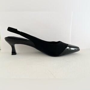 Black angular kitten heel sling back pump!